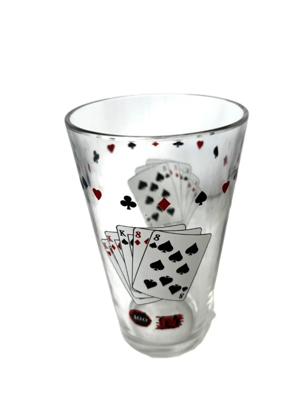 VTG Barware Set of 4 Beer Glasses Full House Playing Cards  w/ Poker Chips